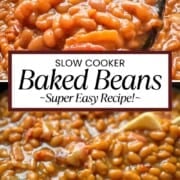 Slow cooker baked beans pin with two images separated by title banner.