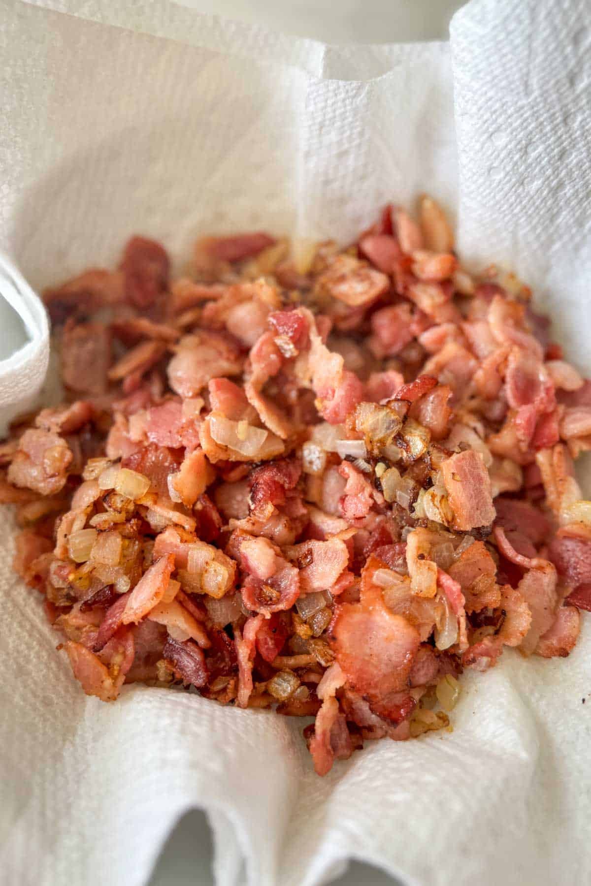 Bacon bits and sauteed onions on a paper towel to drain.