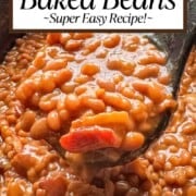 Homemade Baked Beans from scratch shown with a ladlefill lifted from crock pot.