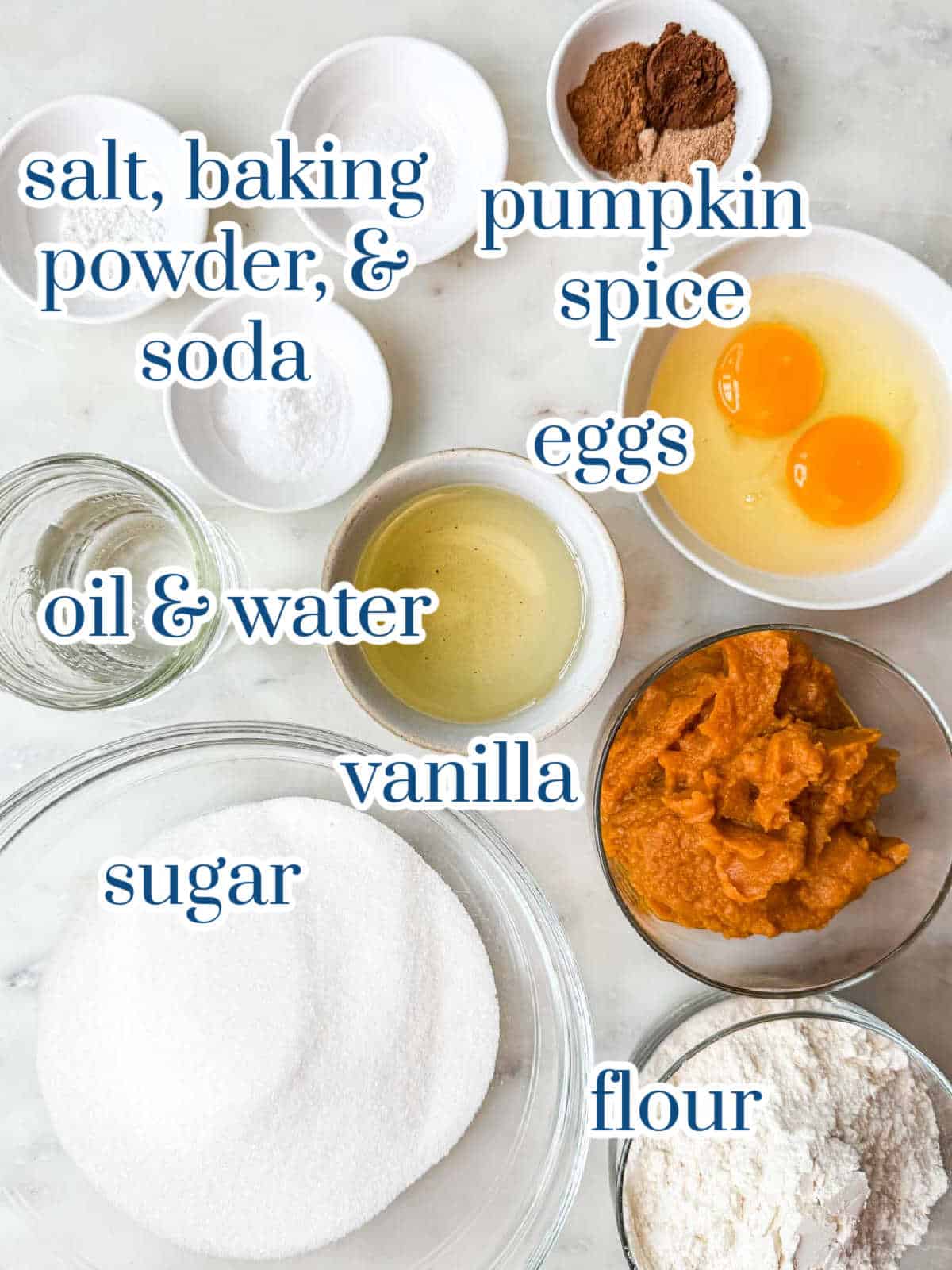 Ingredients for pumpkin streusel muffins including pumpkin puree, flour, oil, eggs, spices, brown sugar, and butter.
