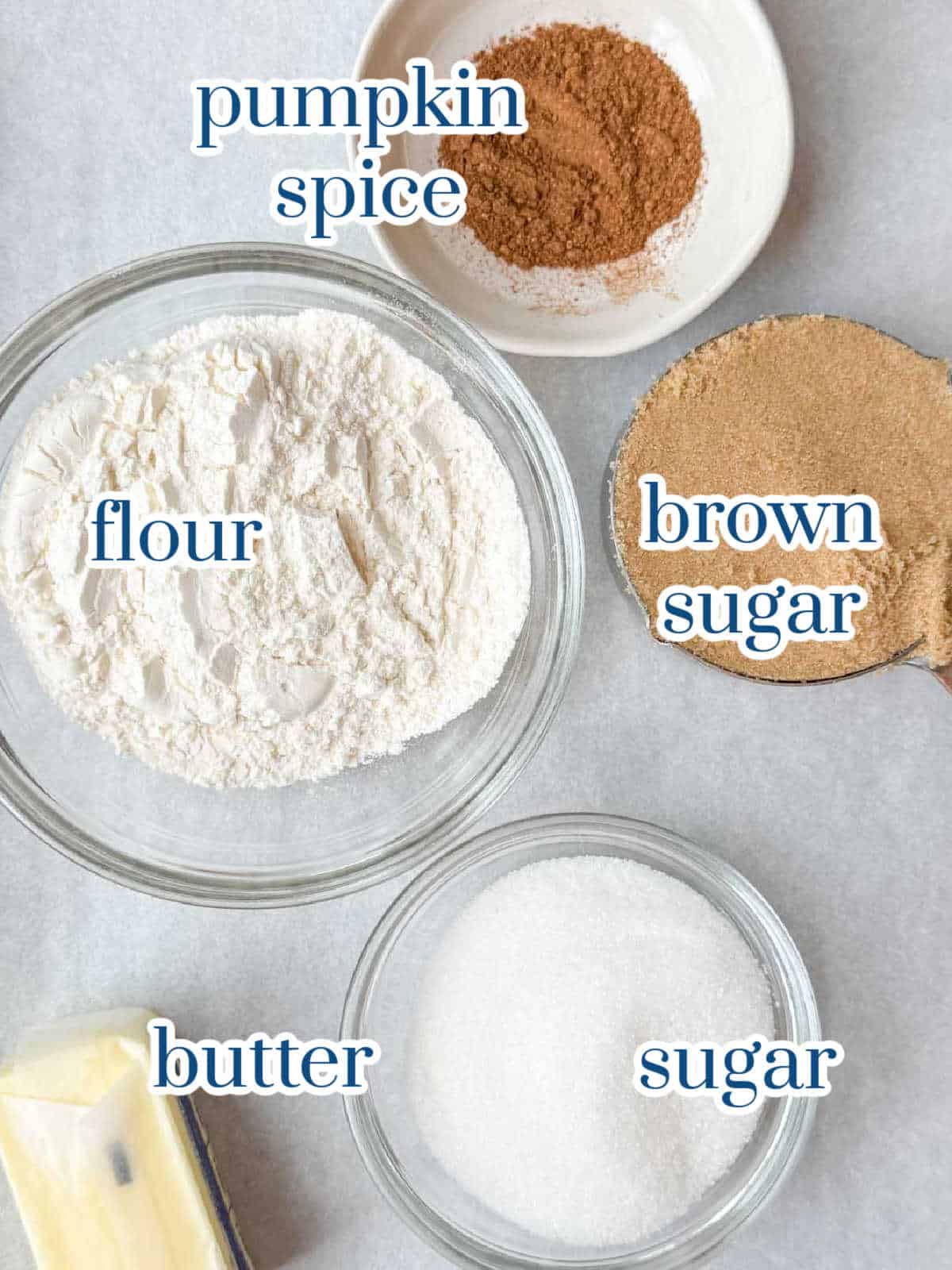 Individual ingredients for Pumpkin Spice Streusel Topping.
