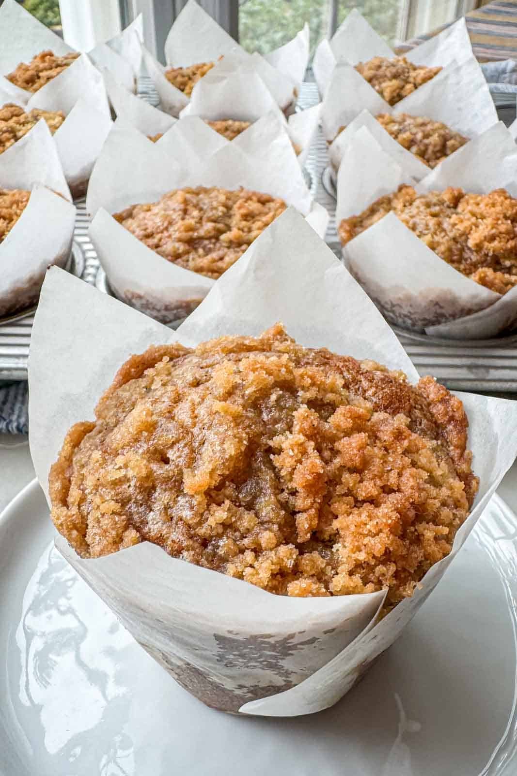 Bakery-style pumpkin streusel muffin showing a moist pumpkin center and brown sugar crumb topping.