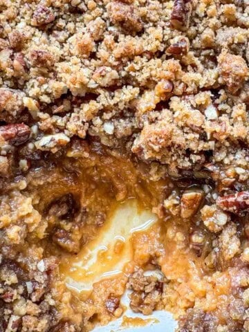 Old fashioned sweet potato casserole with brown sugar pecan topping.