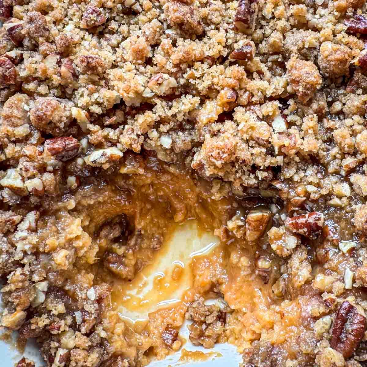 Old fashioned sweet potato casserole with brown sugar pecan topping.