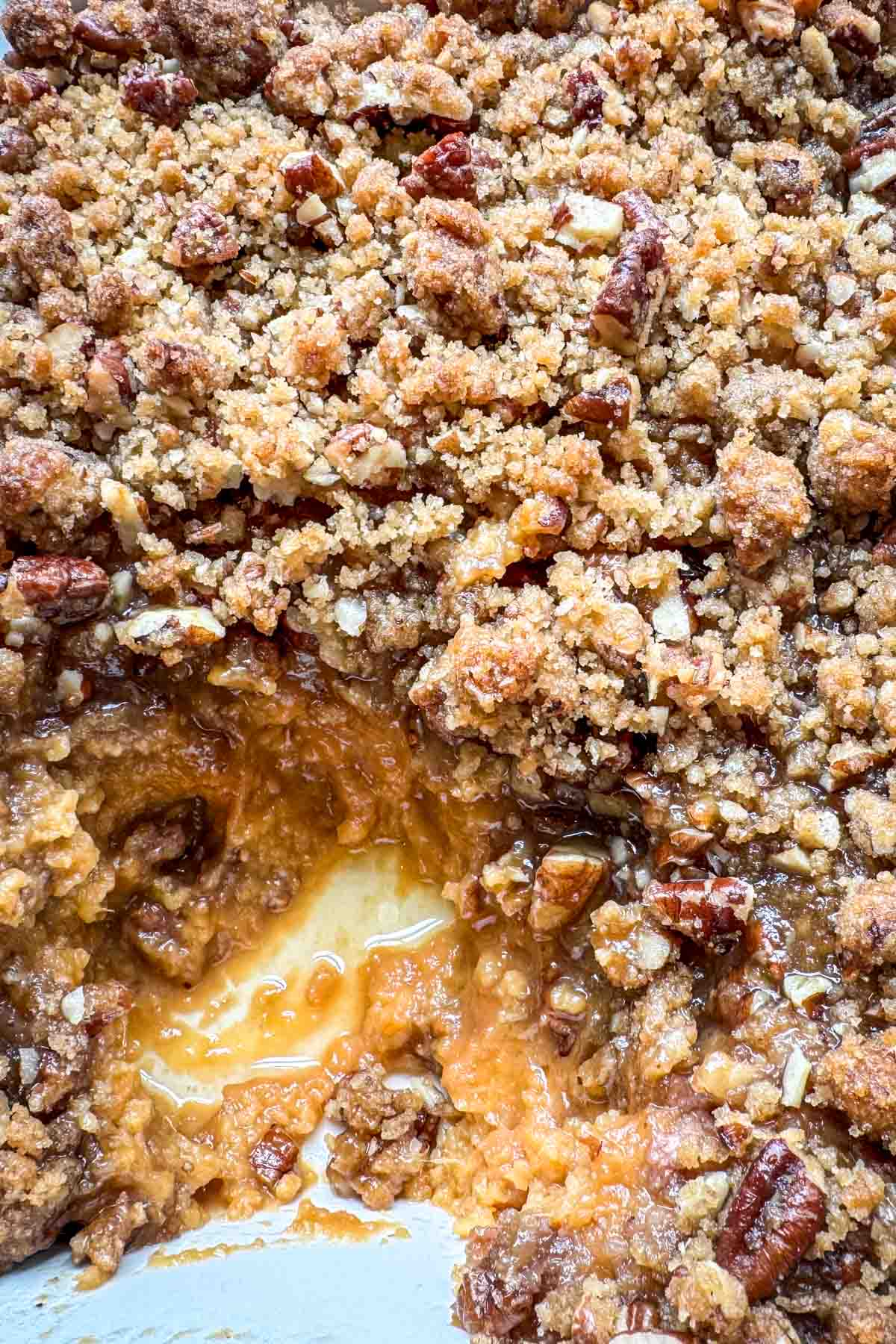 Sweet potato casserole with buttery brown sugar pecan topping.