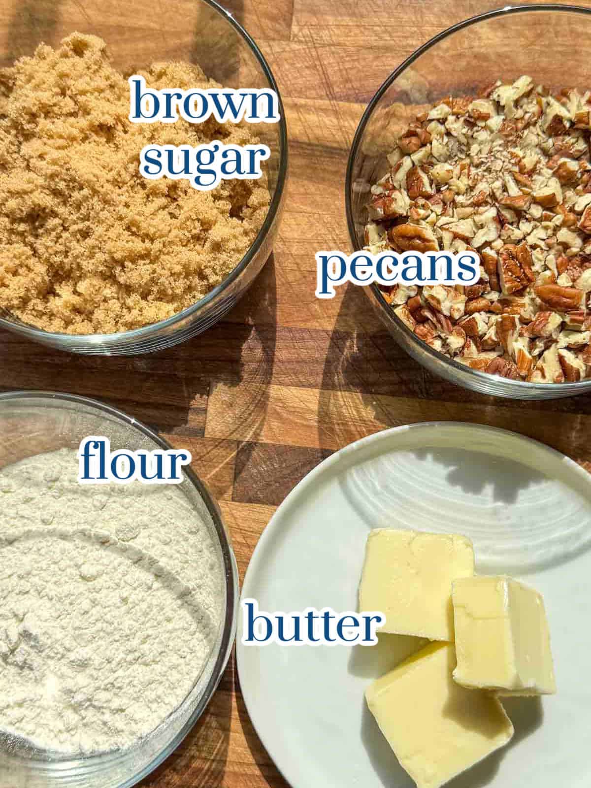 Brown sugar, flour, chopped pecans, and butter for sweet potato casserole pecan topping