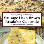 Sausage hash brown breakfast casserole with a generous slice plated.